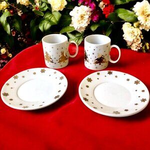 Studio Nova Golden Christmas Tree DEMI Mug Cups + Snack Plate Set Of 2 Holiday